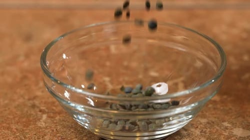 Pouring a bowl full of dried French lentils to use in a soup recipe - side view slow motion of the b