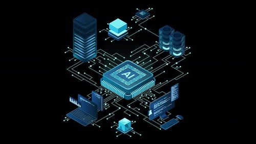 Isometrische Chip-Animation mit künstlicher Intelligenz. Server für künstliche Intelligenz