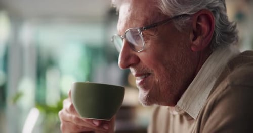 Coffee, laughing and mature businessman in office with ideas for finance report with company budget