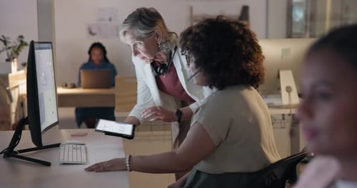 Computer, training and call center with business people in office for consulting