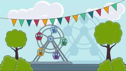 Animated Ferris Wheel with Festive Bunting in Flat Design