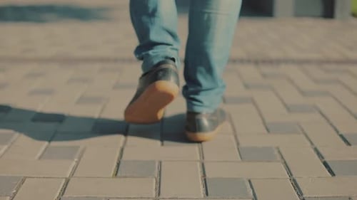 Sunlight Shot Back Young Businessman Walking on the Sidewalk Street City Sunset Man Leather Male