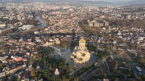 Drone view of Tbilisi city center featuring the Sameba Holy Trinity Cathedral, Georgia
