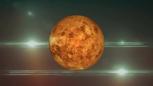 Ansicht des rotierenden Planeten Venus aus dem Weltraum, Blick auf die Sonne, die sich um die Venus dreht. 1658