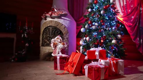 Festive Christmas Tree with Presents at Night