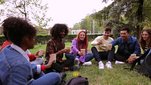 Multicultural university students are enjoying a relaxing afternoon in a park, sitting on the grass,