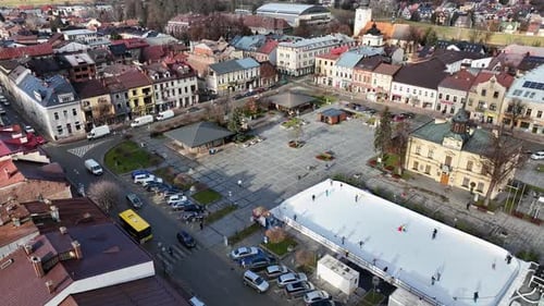 Aerial view of the center of the city of Nowy Targ in Poland