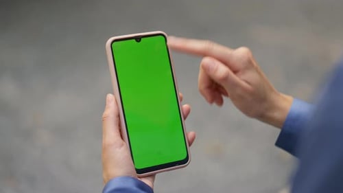 Finger Tapping Green Smartphone Closeup Woman Hand Scrolling Chroma Key Device