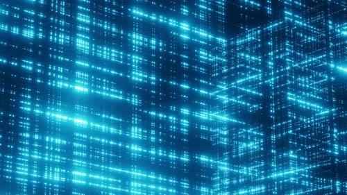 Abstrakter moderner 3D-Hintergrund mit flimmernden, neonblauen, leuchtenden Linien und Punkten