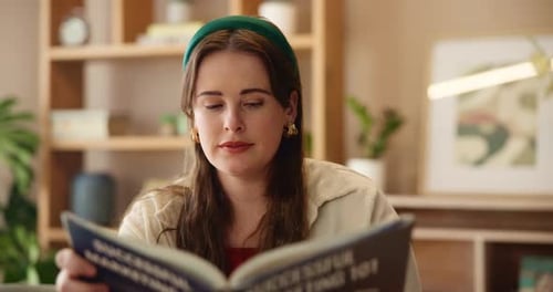 Stress, book and studying with woman in living room for education, college application
