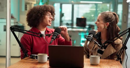 Podcast, happy or friends fist bump with mic, live stream or host for talk show