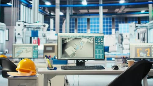 PC on Desk in Empty Photovoltaics Factory Monitoring System Performance