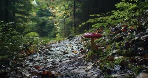 Solitary Red Toadstool Mushroom on a Wet Forest Trail Nature Scene with Vibrant Flora and Soft Light