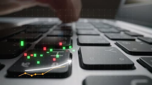 Hands on Laptop Keyboard Analyzing Stock Market Data with Graph Trends and Chart Indicators in Finan
