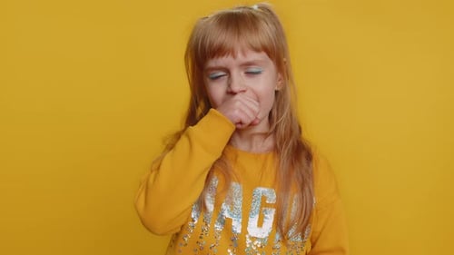 Unhealthy Child Girl Coughing Covering Mouth with Hand Feeling Sick Allergy Viral Infection Symptoms