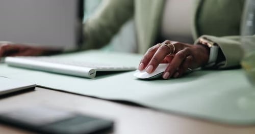 Search, click and hand of woman with mouse for internet, company research and website on computer