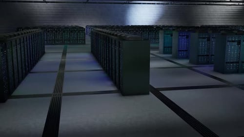 Modern Data Center Server Room with Glowing Lights Animation