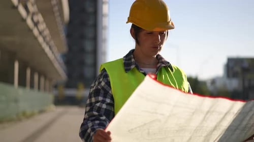 Woman Engineer Reading Construction Blueprints on Site
