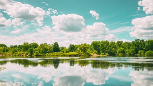 Pan Panorama Hyperlapse Summer Cloudy Sky Above Summer River Landscape Lake
