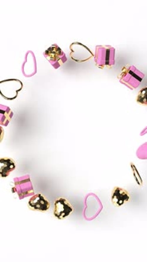 Rotating gold glossy 3d hearts decorative frame.