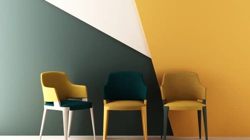 Modern Chairs Gently Animating Against a Geometric Wall Background