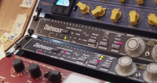 Close up of recording studio equipment