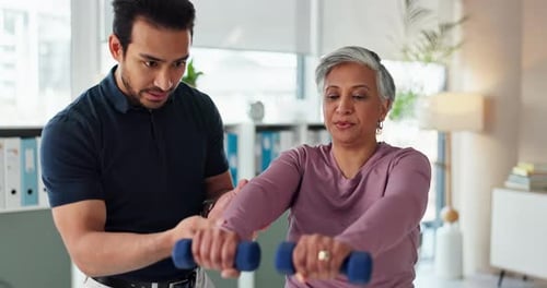 Physio, dumbbells and elderly patient in clinic, consultation exam and medical support