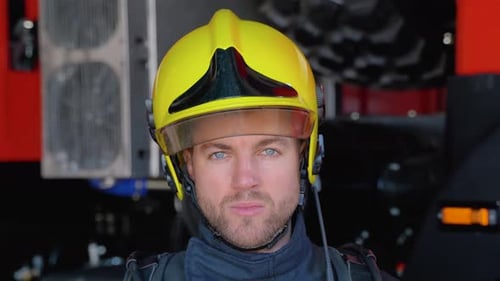 Close Up Portrait of Strong Serious Fireman in Helmet and Full Equipment Standing Next to Car with