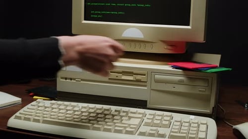 Using Diskette FDD for Old Computer Closeup Hand Inserting and Ejecting Floppy Disk Into Vintage PC