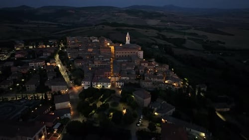 Night Aerial View of Medieval Pienza Town in Tuscany Siena Province Italy