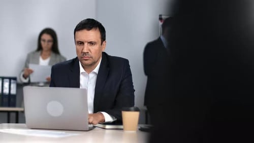Ambitious Business Male Boss Working Use Laptop Desk Browsing Internet at Modern Office Coworker