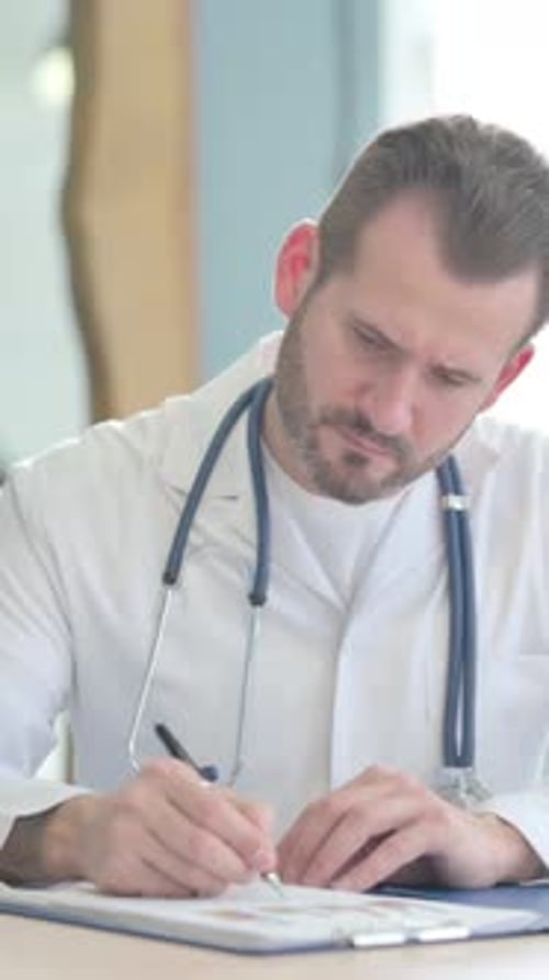 Doctor Working on Medical Report and Laptop in Clinic, vertical video