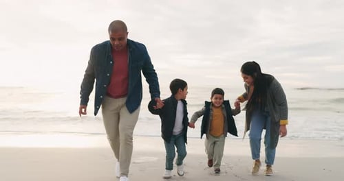 Beach, travel and family holding hands and running together while on tropical vacation or adventure