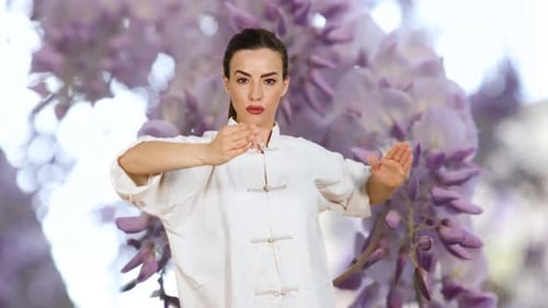 Woman Practices Kung Fu in Front of Flowers