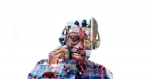Black man, call centre and double exposure of city or operator talk on headset