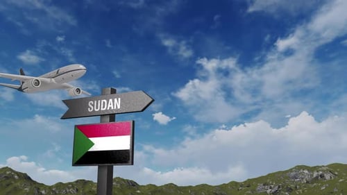 Airplane Flight to Sudan Destination Sign with Flag