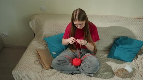 Young Woman Knitting on Couch in Living Room