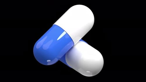 3d white and blue pill. 3d rendering capsule pill. Blue medical pill. Seamless and looped animation