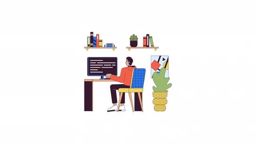 Hindu male programmer working on computer line 2D character animation