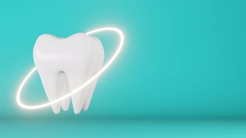 White healthy molar tooth 3D animation loop blue background Enamel whitening plaque tartar removal