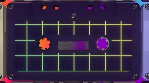 Looping Animation of Retro Neon Cassette Tapes With Dynamic Camera Zoom
