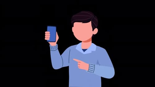Flat Design Animated Person Pointing at Smartphone