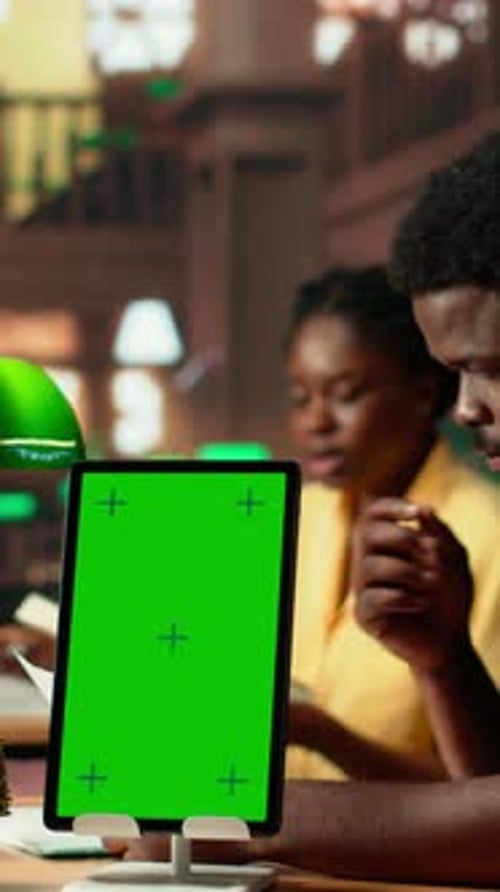 Vertical Video Black College Students Reading Class Notes Next to Copy Space Screen