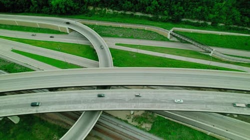 Aerial view of highway overpasses on Interstate 90 near La Crosse, Minnesota, showcasing multiple la
