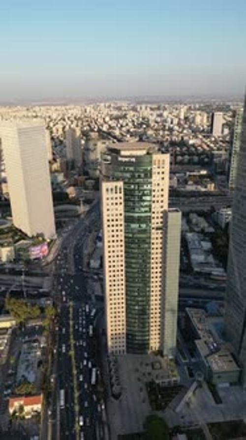 Aerial video of skyscrapers in Tel Aviv at sunset Israel