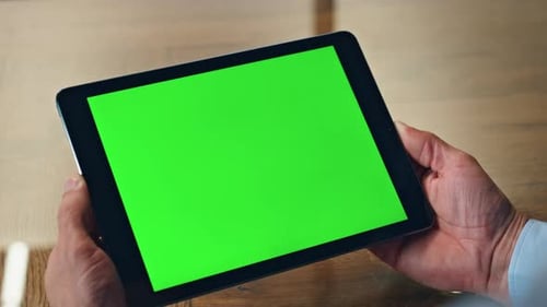 Closeup Chromakey Tablet Man Hands Hold in Office. Unrecognizable Businessman Checking Messages