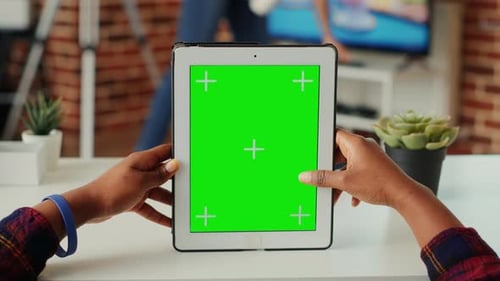 Young Adult Analyzing Green Screen on Isolated Display