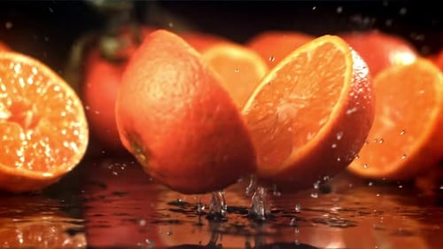 Eine Mandarine zerbricht in zwei Hälften, wenn sie herunterfällt, gefilmt mit einer Hochgeschwindigkeitskamera mit 1000 Bildern pro Sekunde