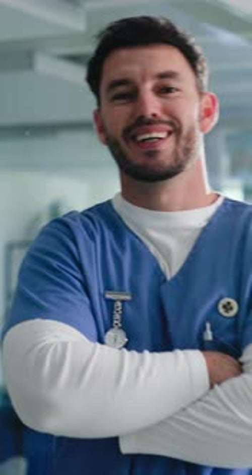 Crossed arms, nurse and face of man in hospital for medical service, confidence