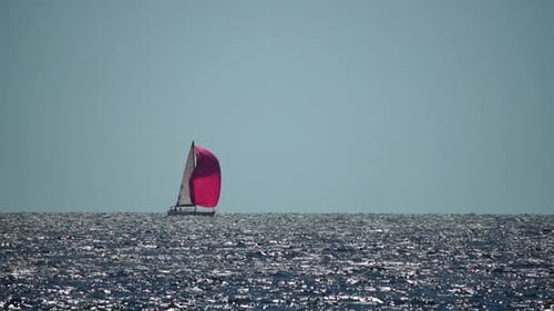 Sailing Ship Luxury Yacht with Red Sails in the Sea in the Evening Sunlight
